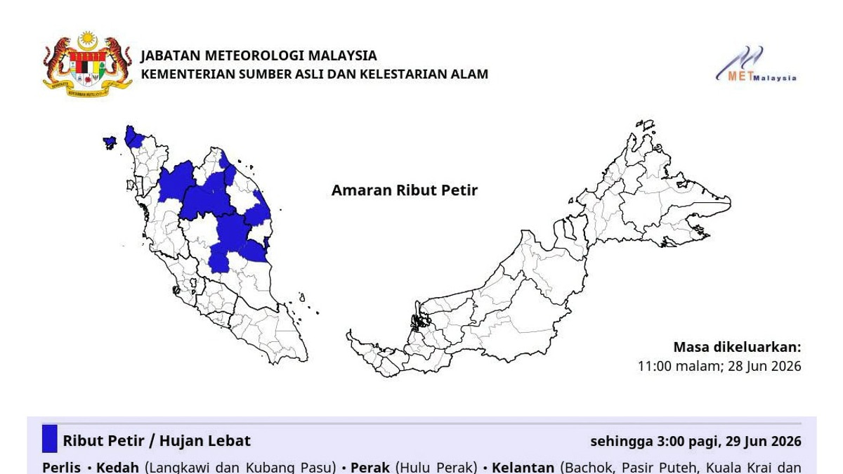 MetMalaysia Warns of Severe Weather Across Six States Through Early Morning