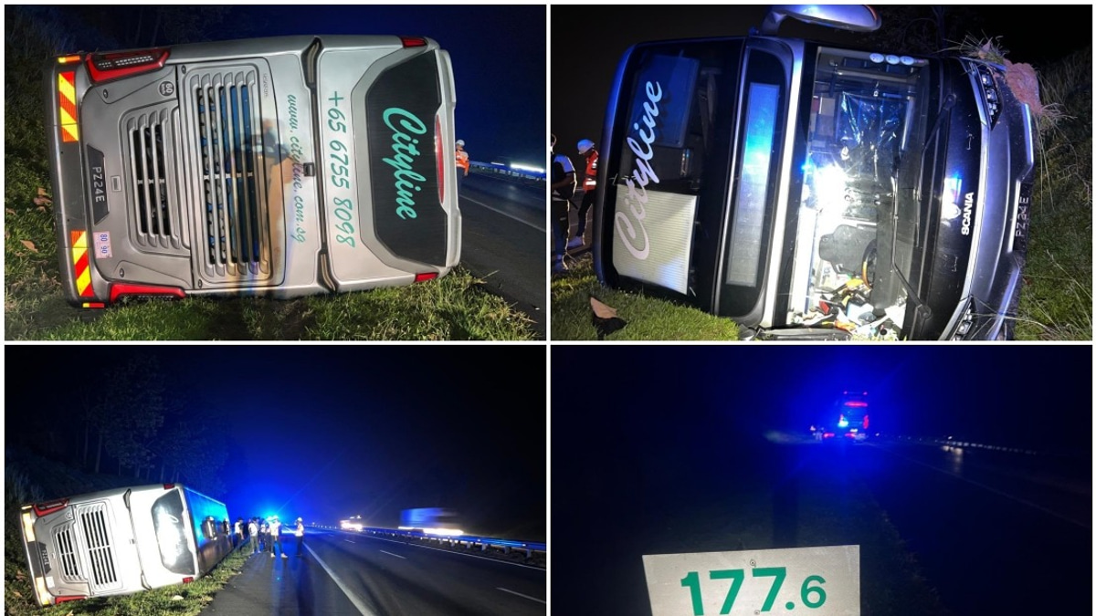Three Injured as Tour Bus Overturns on North-South Expressway in Jasin