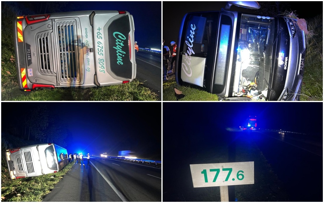 Three Injured as Tour Bus Overturns on North-South Expressway in Jasin