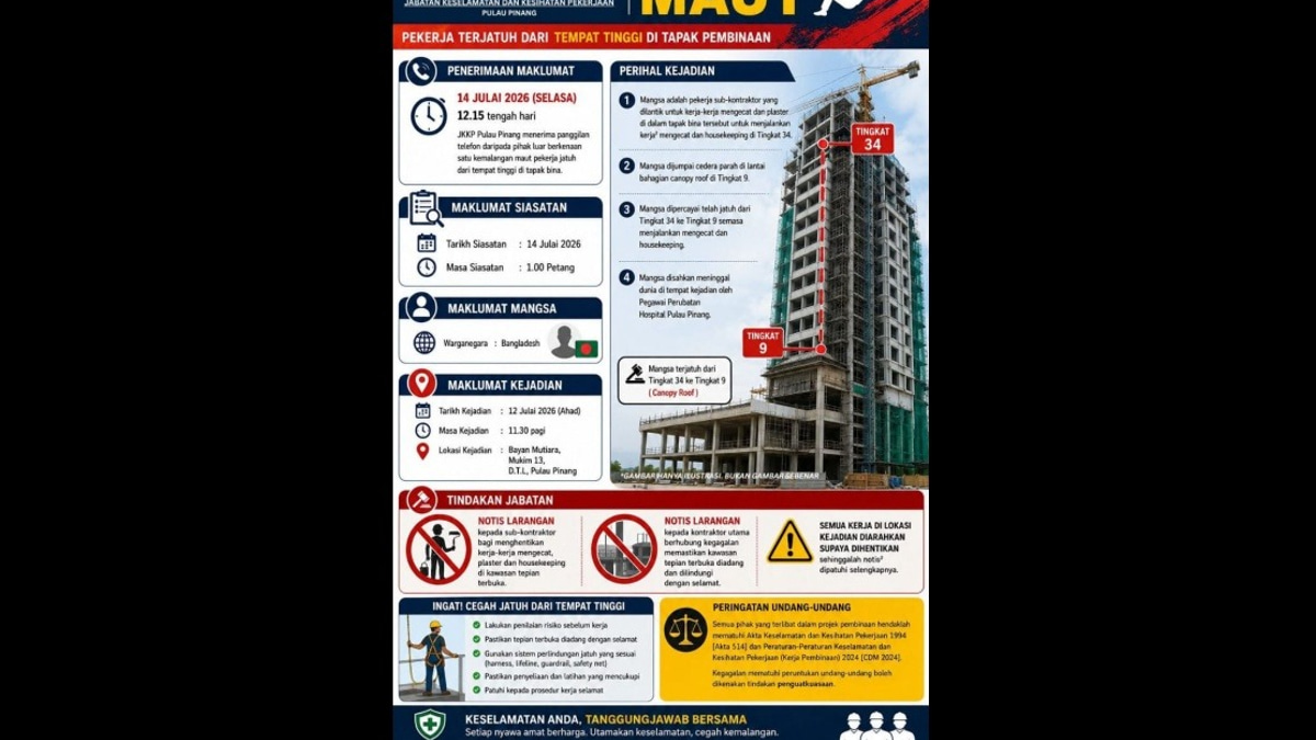 Penang DOSH Investigates Fatal Fall of Bangladeshi Worker at Bayan Mutiara Construction Site