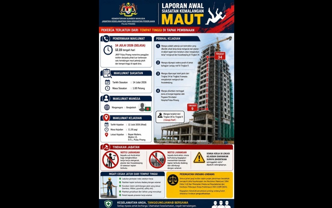 Penang DOSH Investigates Fatal Fall of Bangladeshi Worker at Bayan Mutiara Construction Site