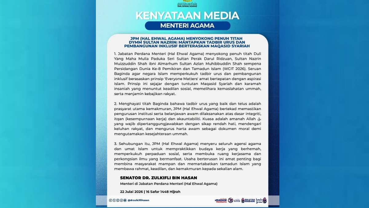 Malaysia's Religious Affairs Ministry to Adopt Sultan Nazrin's Governance Philosophy